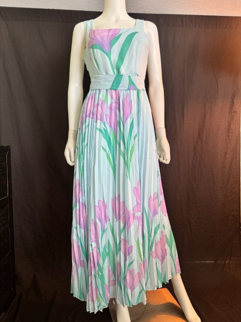 Daimaran Floral Chiffon Pleated Maxi Dress Sleeveless Square Neck Vintage Style